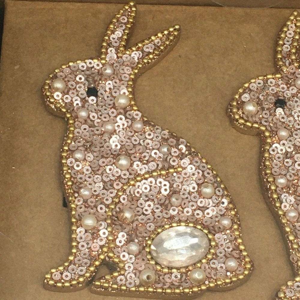 x8 Shabby Chic Easter Pink Sequins Bunny Napkin Ring Set Beaded Faux Pearls Gold